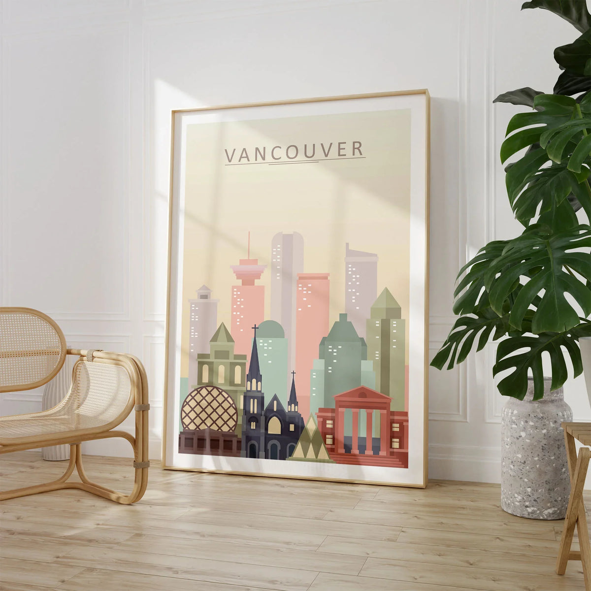 Vancouver city skyline art print, large framed print beside a chair and plant