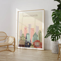 Vancouver city skyline art print, large framed print beside a chair and plant