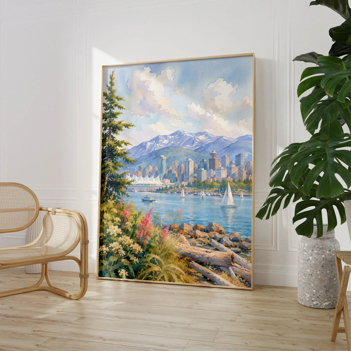 Vancouver harbour and North Shore mountains watercolour art print large framed print beside a chair and plant