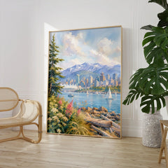 Vancouver harbour and North Shore mountains watercolour art print large framed print beside a chair and plant