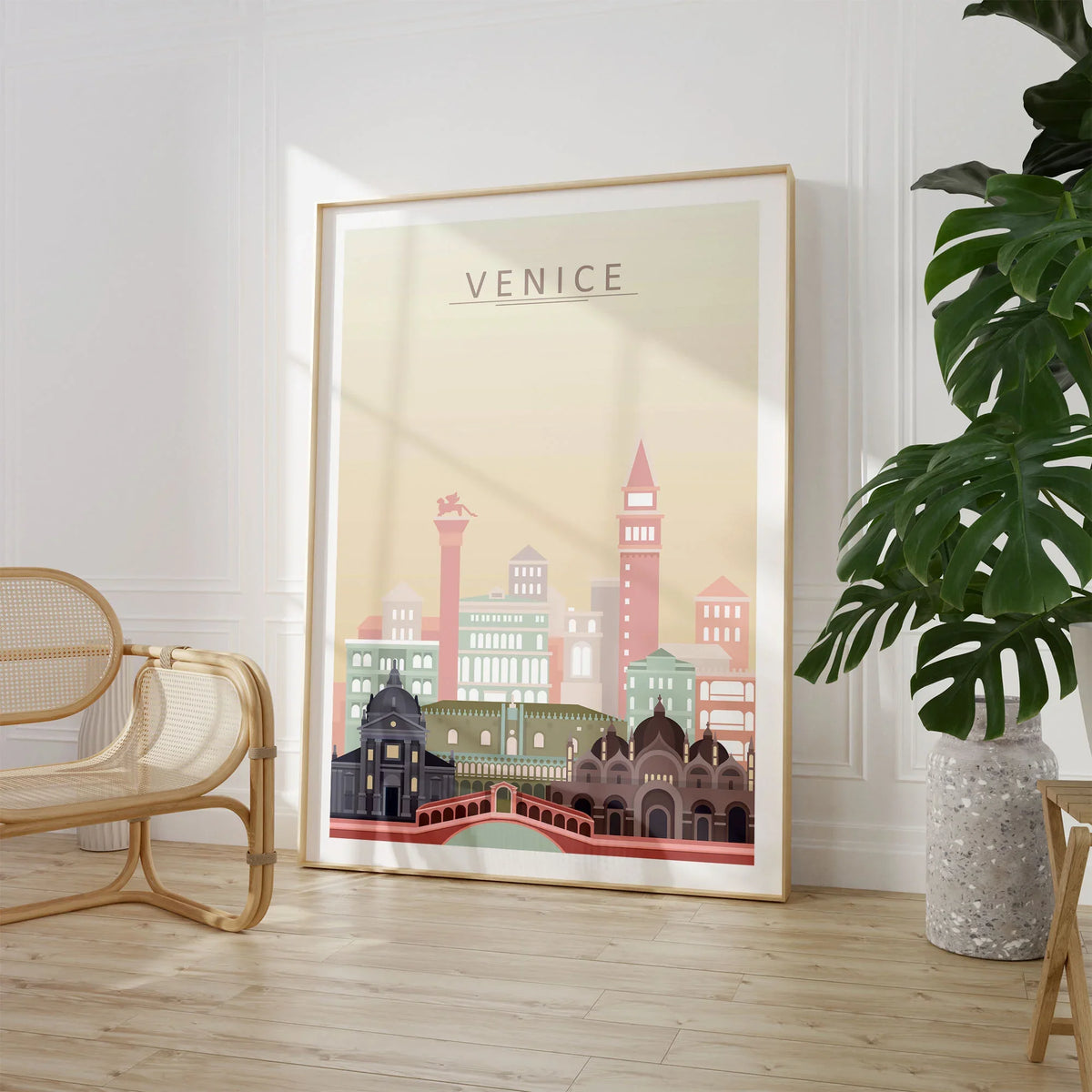 Venice city skyline art print, large framed print beside a chair and plant