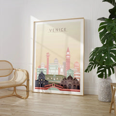 Venice city skyline art print, large framed print beside a chair and plant