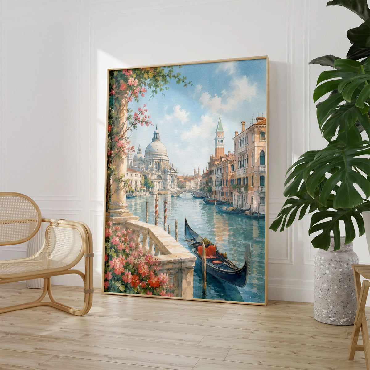 Venice Grand Canal, Salute dome and gondola watercolour art print large framed print beside a chair and plant
