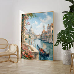 Venice Grand Canal, Salute dome and gondola watercolour art print large framed print beside a chair and plant
