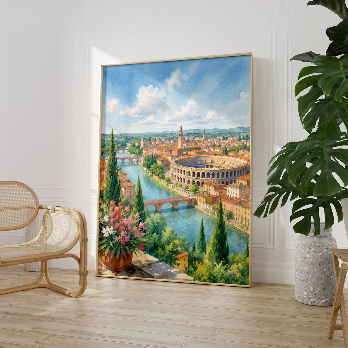 Verona Arena and Adige river watercolour art print large framed print beside a chair and plant