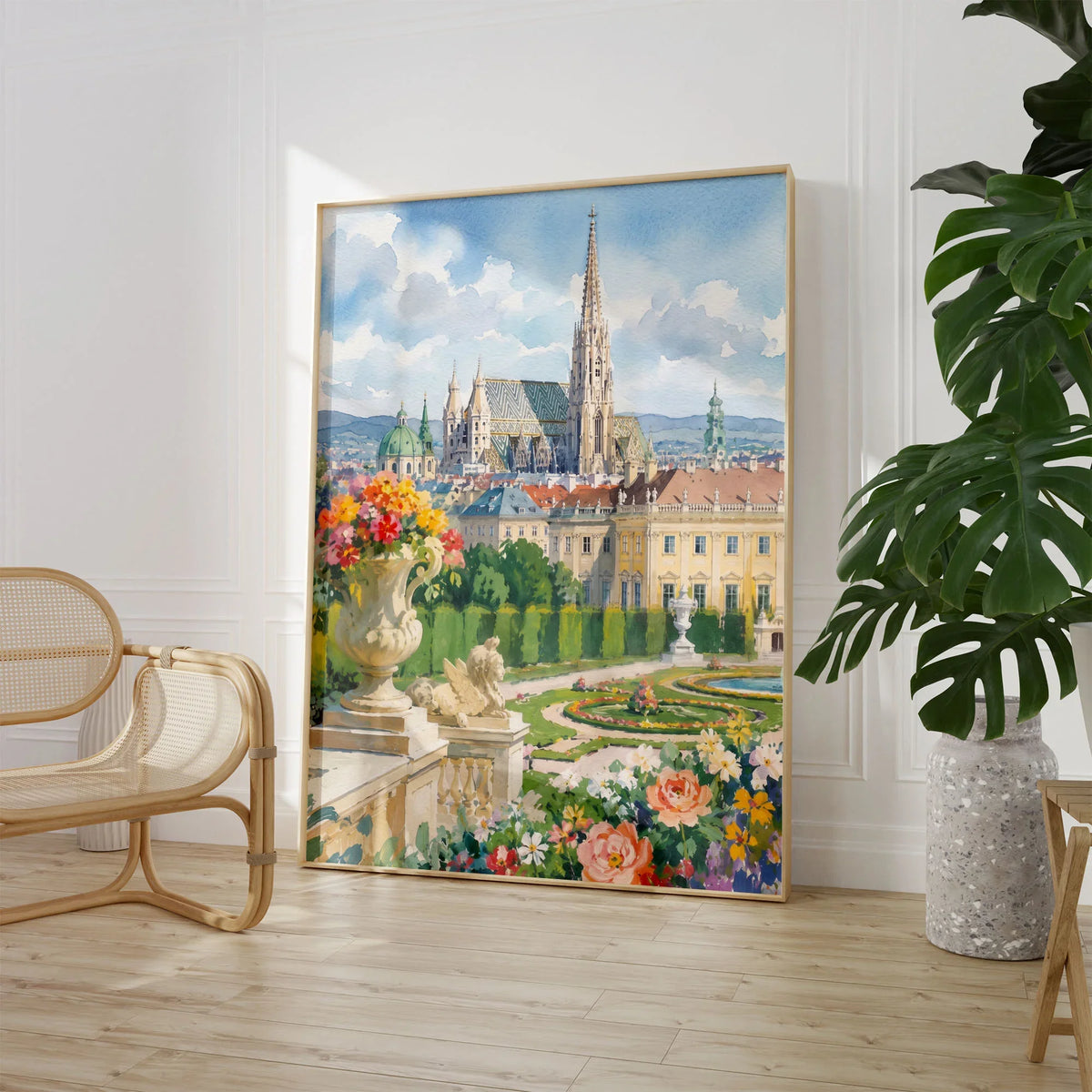 Vienna St Stephen's Cathedral and palace gardens watercolour art print large framed print beside a chair and plant