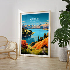 Wanaka Travel Print - large framed art print beside chair and plant