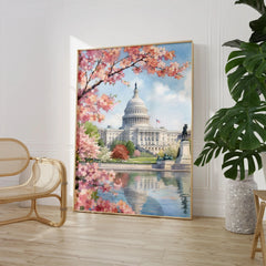 Washington DC US Capitol and cherry blossom watercolour art print large framed print beside a chair and plant