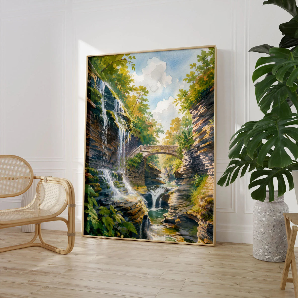 Watkins Glen State Park gorge waterfalls and stone bridge watercolour art print large framed print beside a chair and plant