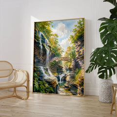 Watkins Glen State Park gorge waterfalls and stone bridge watercolour art print large framed print beside a chair and plant