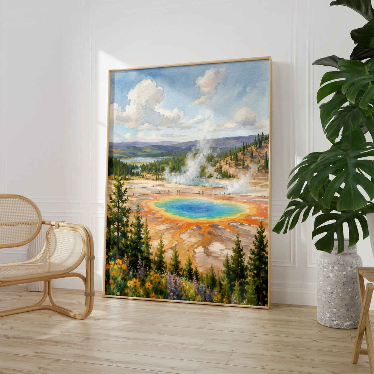 Yellowstone National Park Grand Prismatic Spring watercolour art print large framed print beside a chair and plant