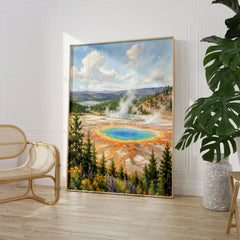 Yellowstone National Park Grand Prismatic Spring watercolour art print large framed print beside a chair and plant