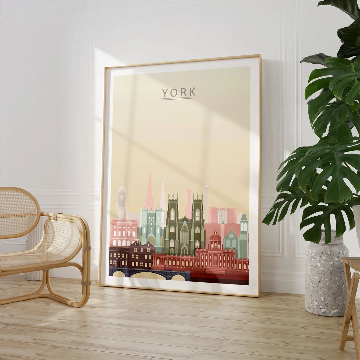 York city skyline art print, large framed print beside a chair and plant