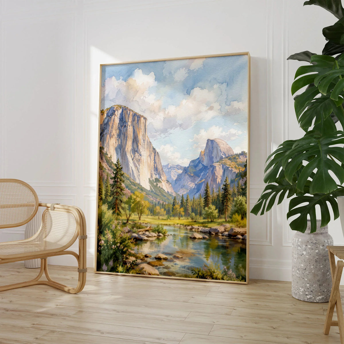 Yosemite National Park El Capitan and Half Dome watercolour art print large framed print beside a chair and plant