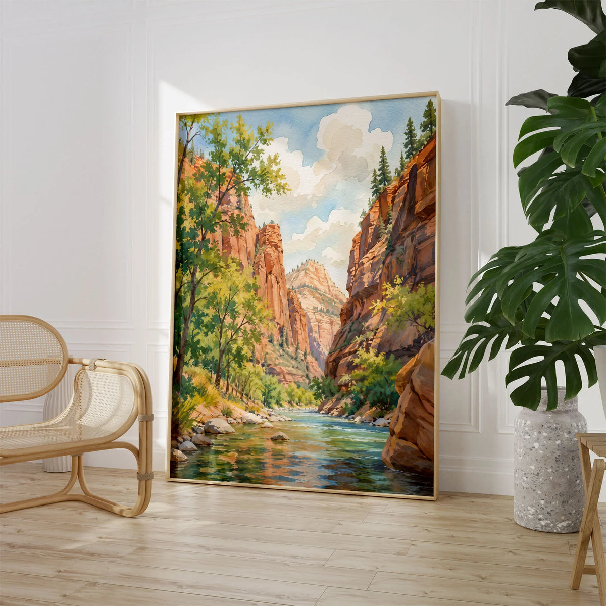 Zion National Park Virgin River canyon watercolour art print large framed print beside a chair and plant