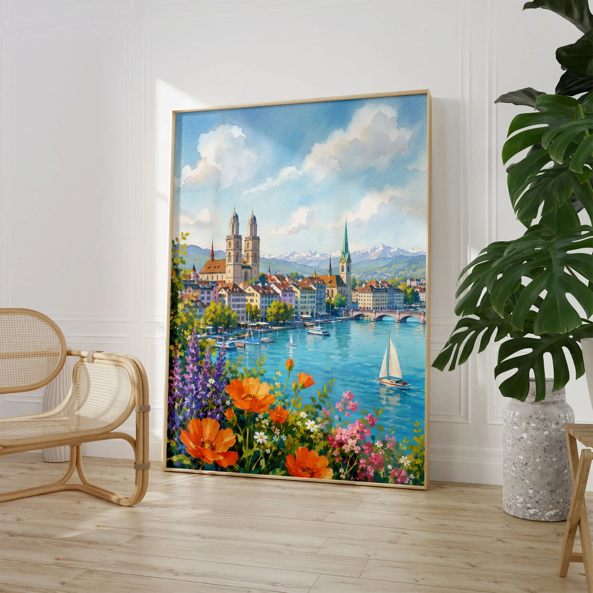 Zurich Grossmünster and the Limmat watercolour art print large framed print beside a chair and plant