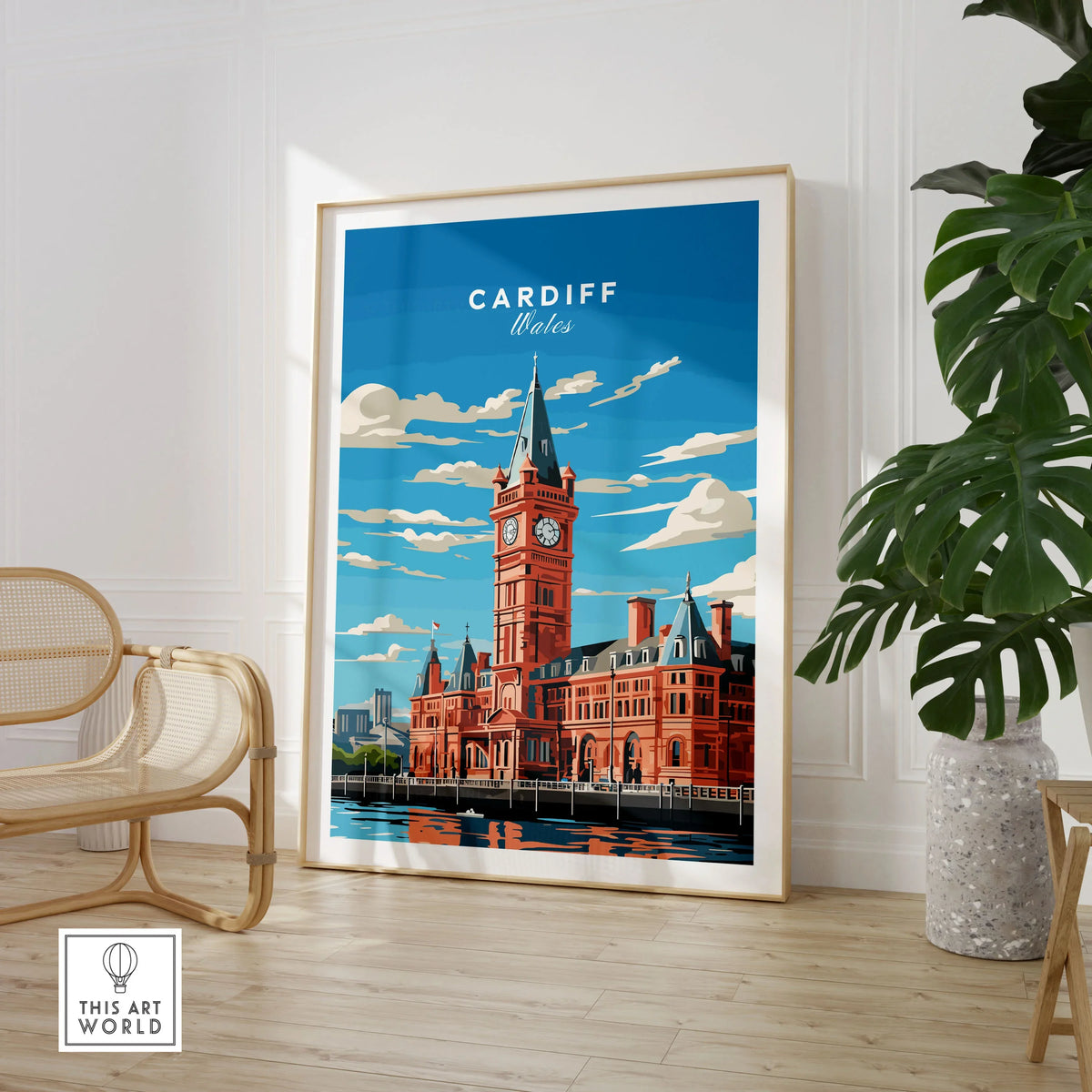 Cardiff Travel Poster in a large natural wood frame leaning in a room with a rattan chair and monstera plant