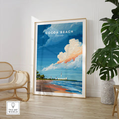 Cocoa Beach Florida Rocket Launch Print - Space Coast Wall Art in a large natural wood frame leaning in a room with a rattan chair and monstera plant
