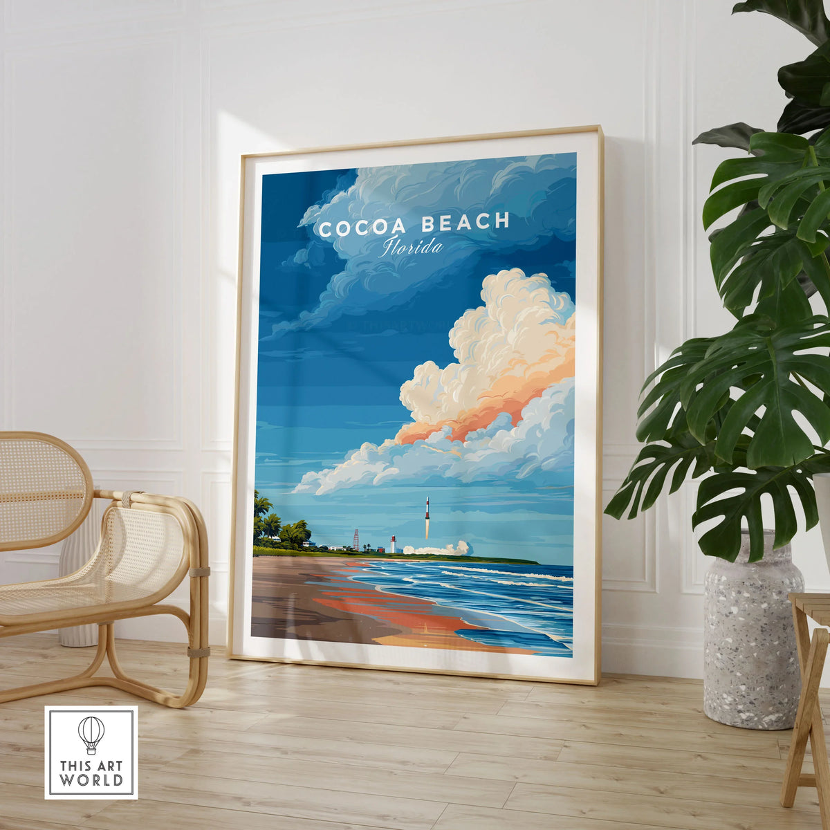 Cocoa Beach Florida Rocket Launch Print - Space Coast Wall Art in a large natural wood frame leaning in a room with a rattan chair and monstera plant