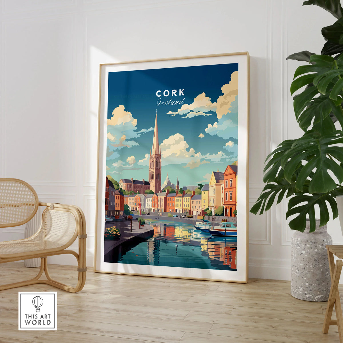 Cork City Ireland Print in a large natural wood frame leaning in a room with a rattan chair and monstera plant
