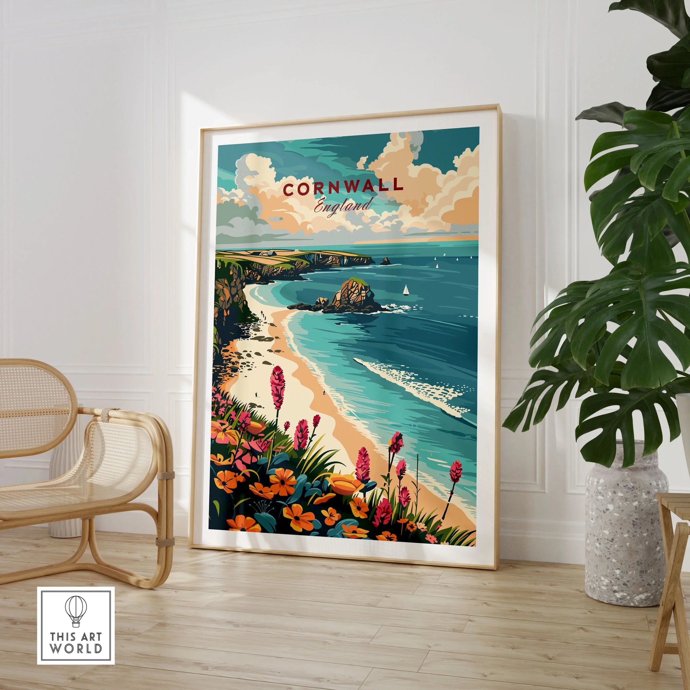Cornwall Wall Art Print - United Kingdom Travel Poster in a large natural wood frame leaning in a room with a rattan chair and monstera plant