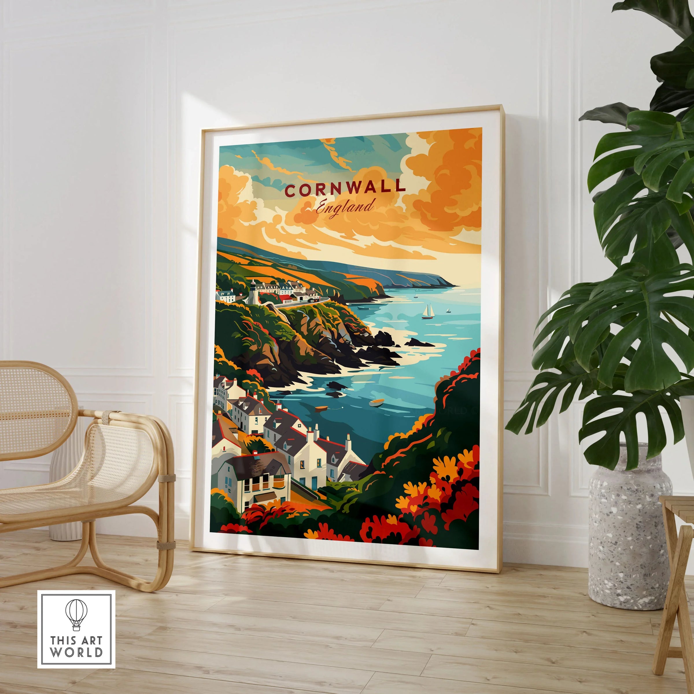 Cornwall Travel Print in a large natural wood frame leaning in a room with a rattan chair and monstera plant