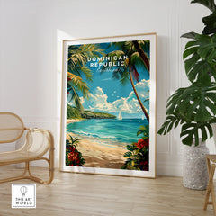 Dominican Republic Travel Print in a large natural wood frame leaning in a room with a rattan chair and monstera plant