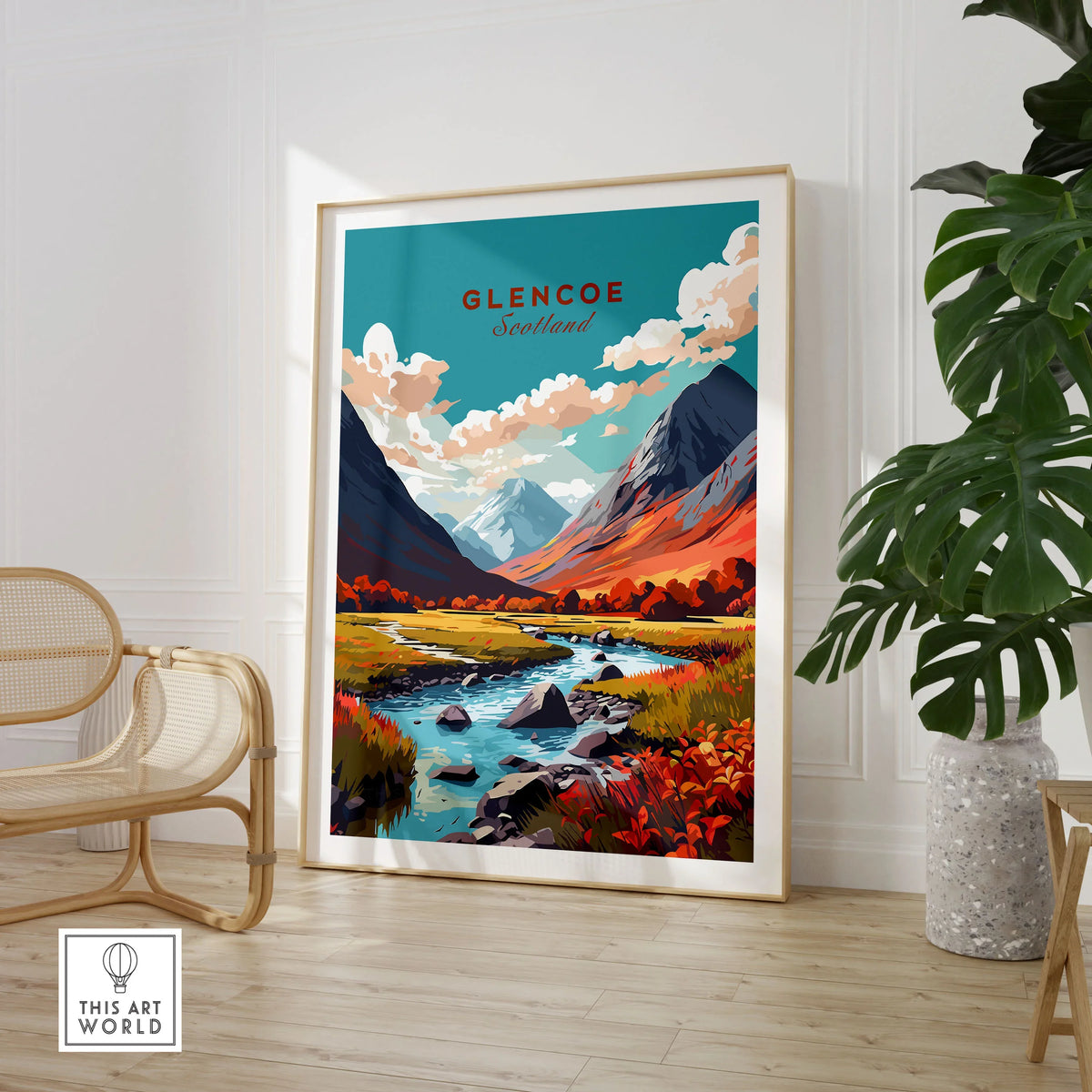 Glencoe Poster Print in a large natural wood frame leaning in a room with a rattan chair and monstera plant