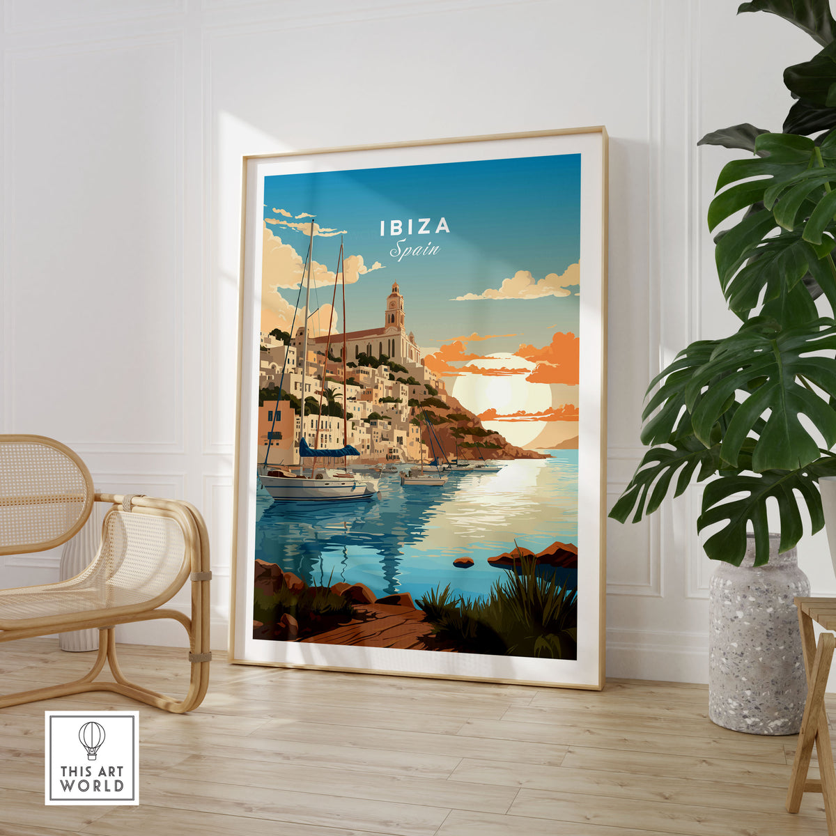 Ibiza Poster Print in a large natural wood frame leaning in a room with a rattan chair and monstera plant
