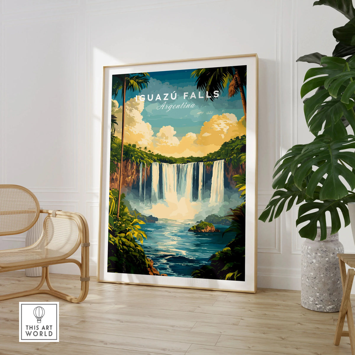 Iguazu Falls Wall Art in a large natural wood frame leaning in a room with a rattan chair and monstera plant