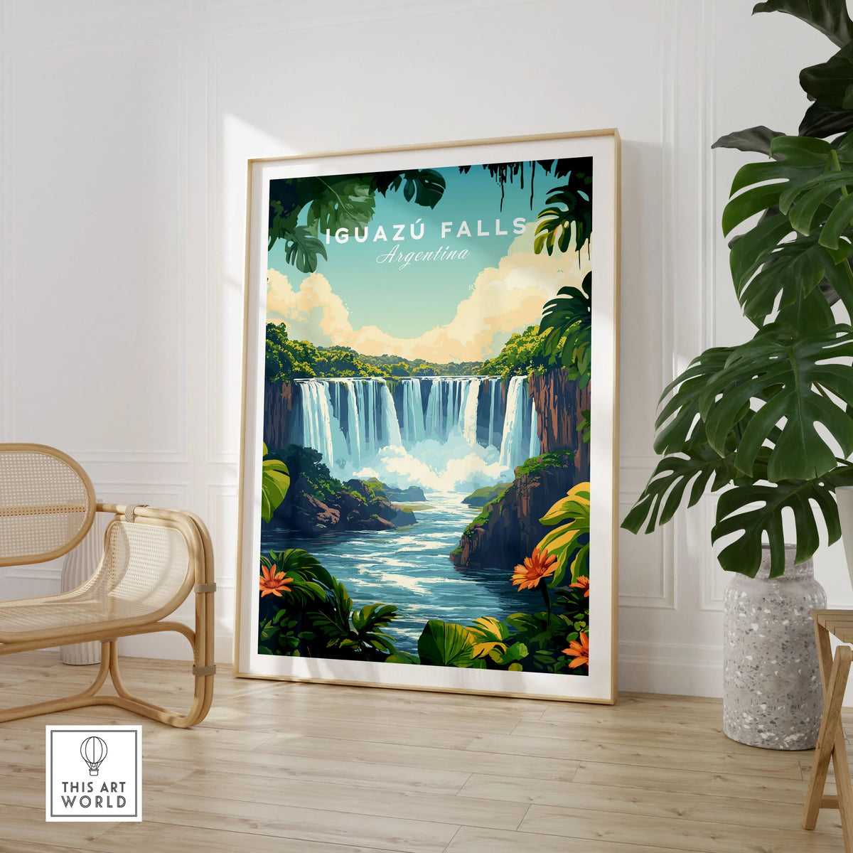 Iguazu Falls Print Argentina in a large natural wood frame leaning in a room with a rattan chair and monstera plant
