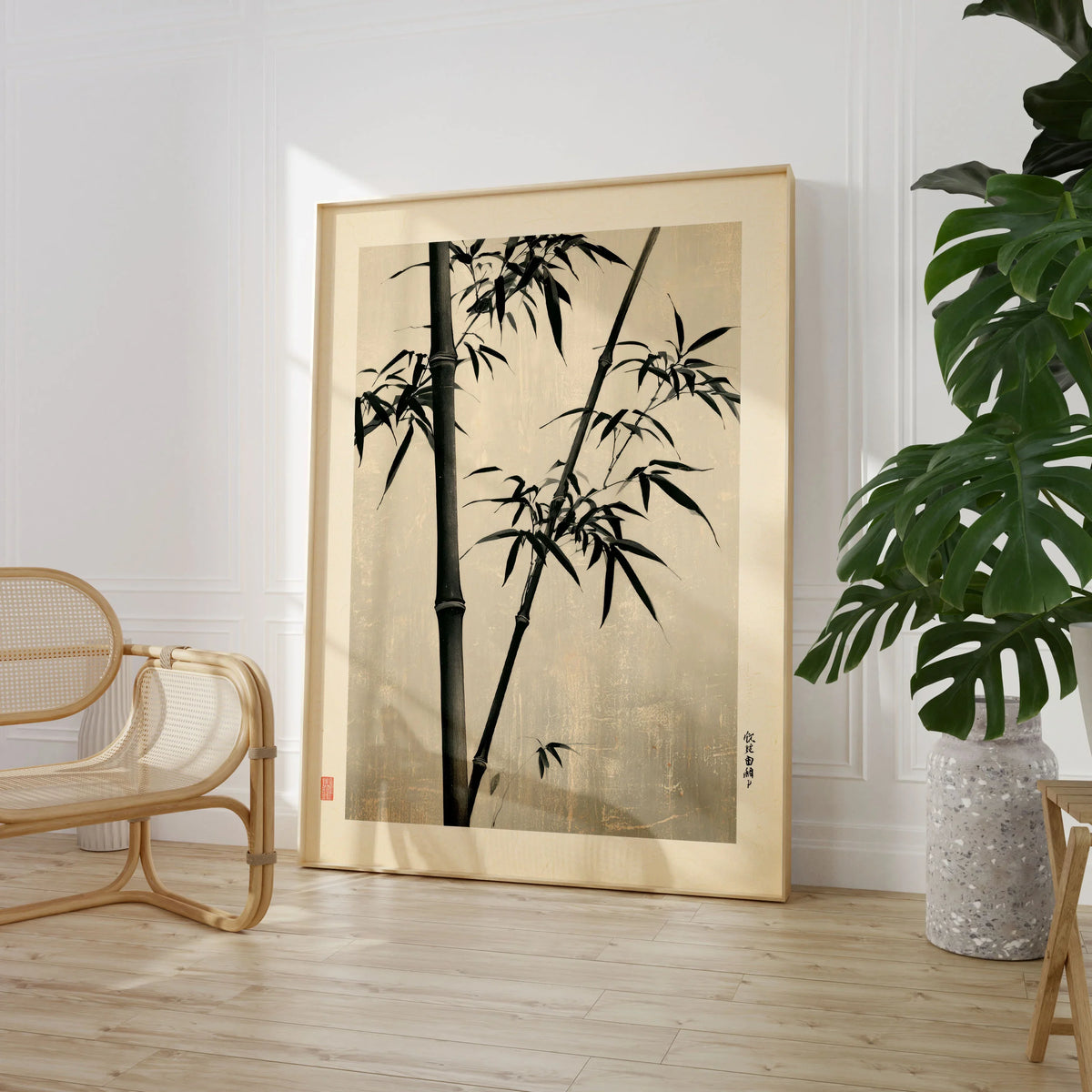 Black Bamboo Art Print – Japanese Ink Wall Art — large framed print room setting chair plant