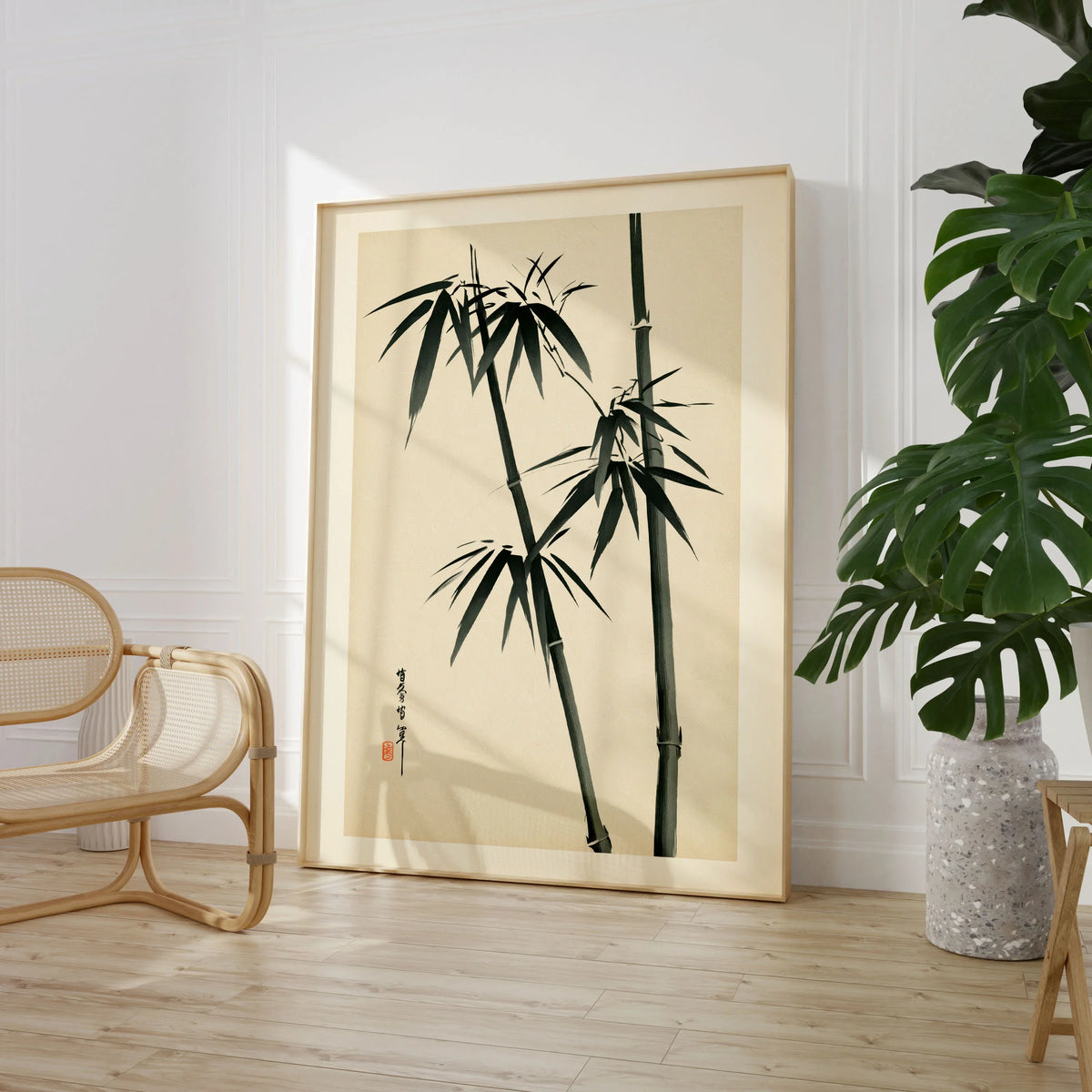 Bamboo Wall Art – Vintage Japanese Ink Print — large framed print room setting chair plant