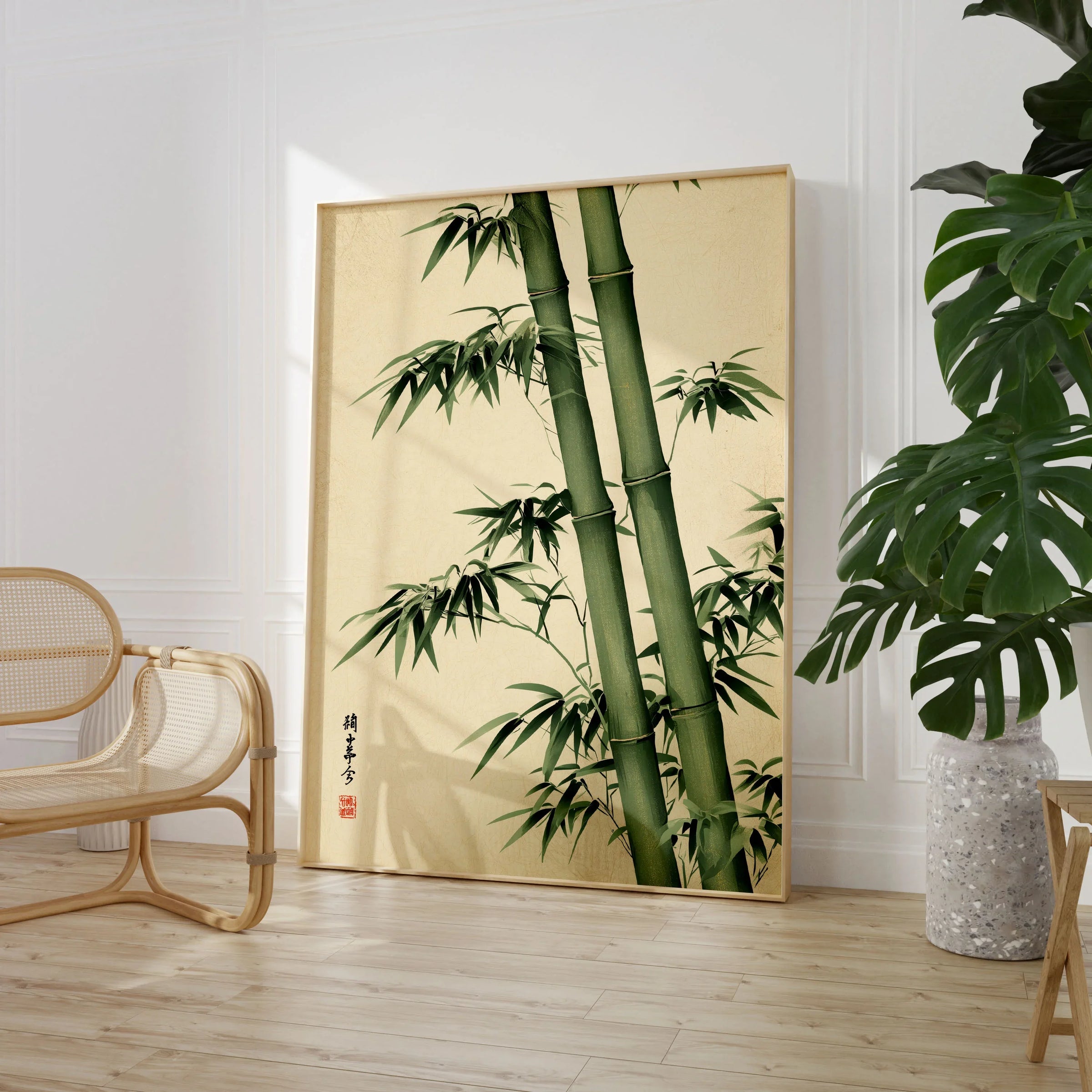Bamboo Art Print – Green Japanese Botanical Wall Art — large framed print room setting chair plant
