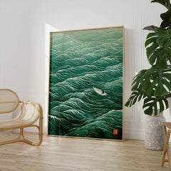 Lone Boat Art Print – Japanese Ocean Wall Art — large framed print room setting chair plant