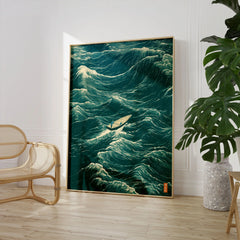 Fishing Boat Wall Art – Vintage Japanese Ocean Print — large framed print room setting chair plant