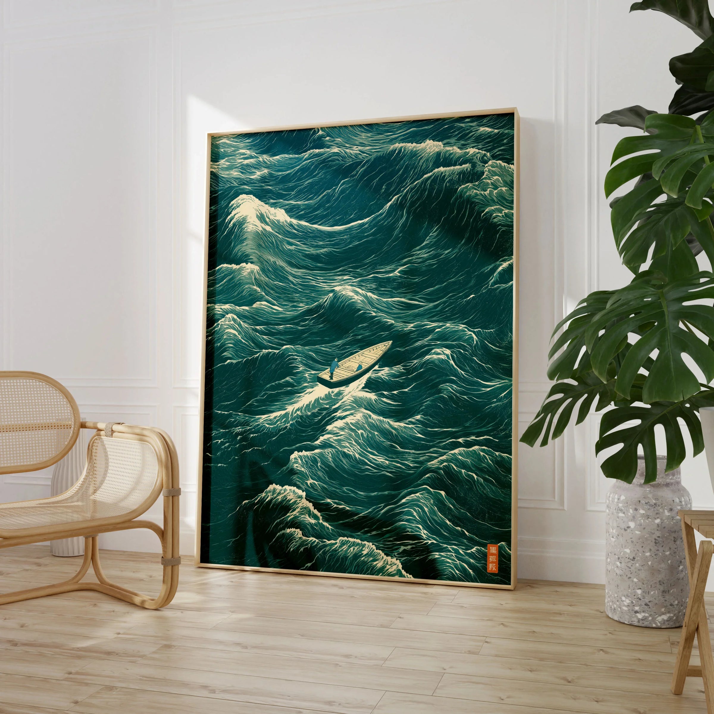 Fishing Boat Wall Art – Vintage Japanese Ocean Print — large framed print room setting chair plant
