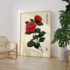 Red Camellia Art Print – Japanese Botanical Wall Art — large framed print room setting chair plant