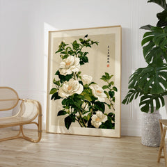 White Camellia Art Print – Vintage Japanese Botanical Wall Art — large framed print room setting chair plant