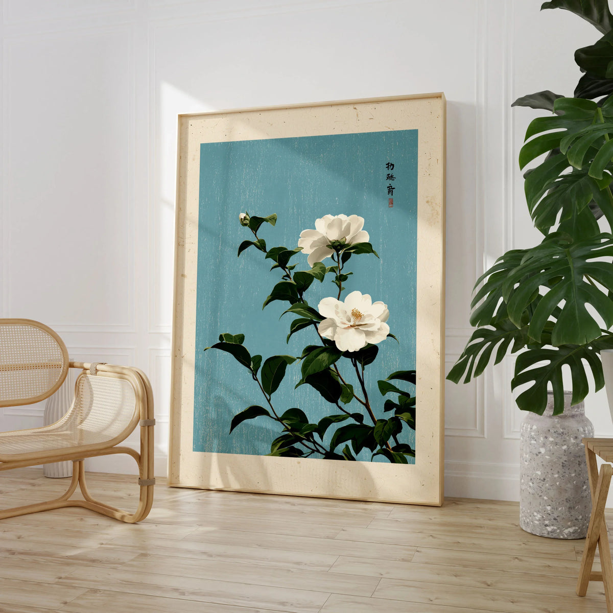 Camellia Wall Art – Blue Japanese Botanical Print — large framed print room setting chair plant