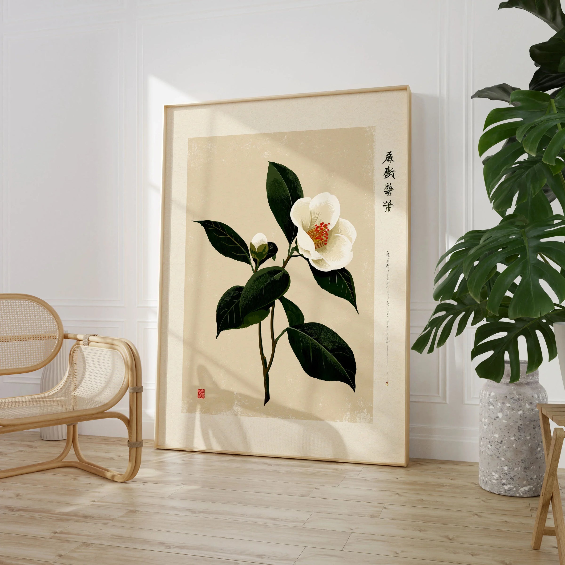 White Camellia Wall Art – Minimalist Japanese Botanical Print — large framed print room setting chair plant