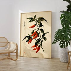 Red Chilli Art Print – Japanese Botanical Kitchen Wall Art — large framed print room setting chair plant