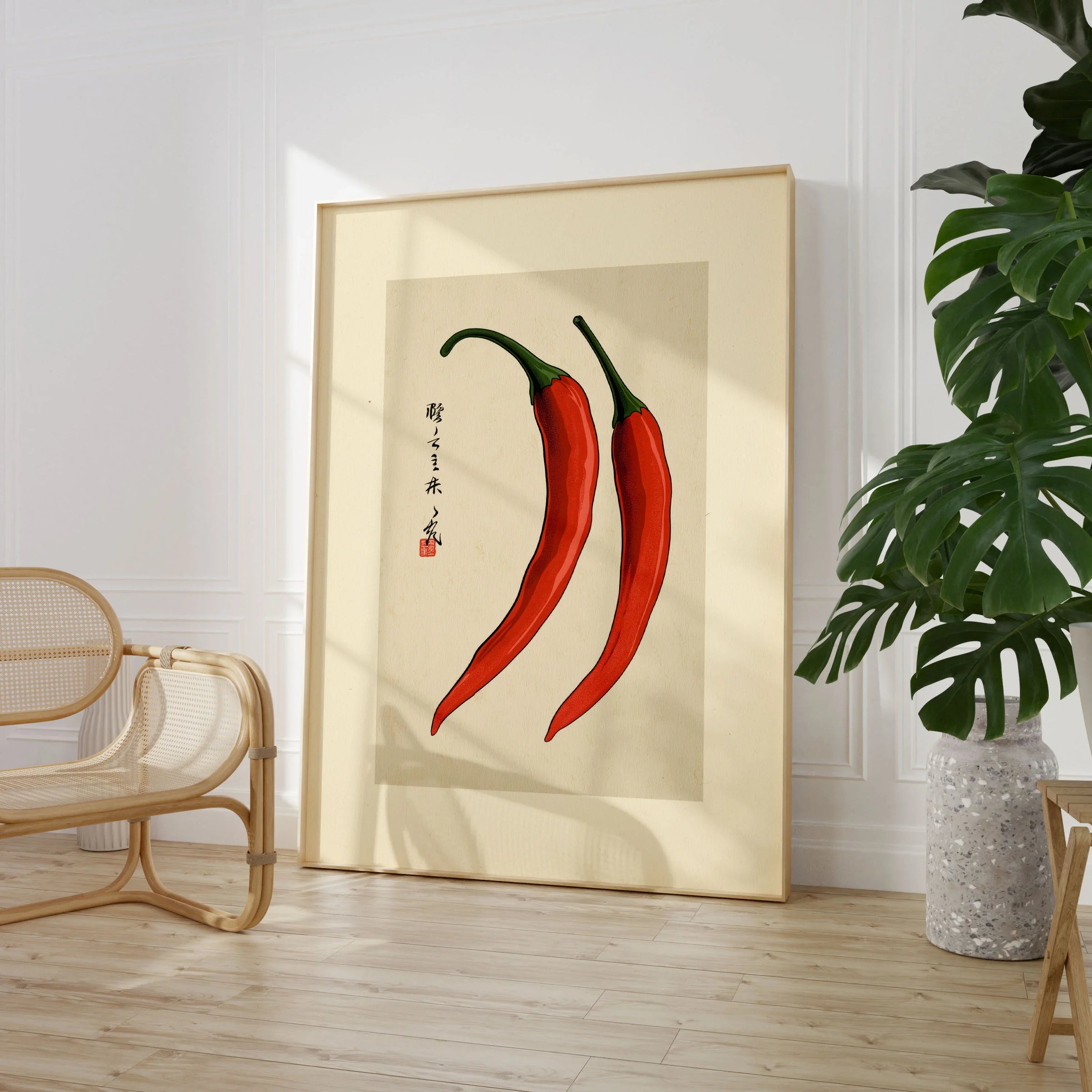 Chilli Pepper Wall Art – Minimalist Japanese Kitchen Print — large framed print room setting chair plant