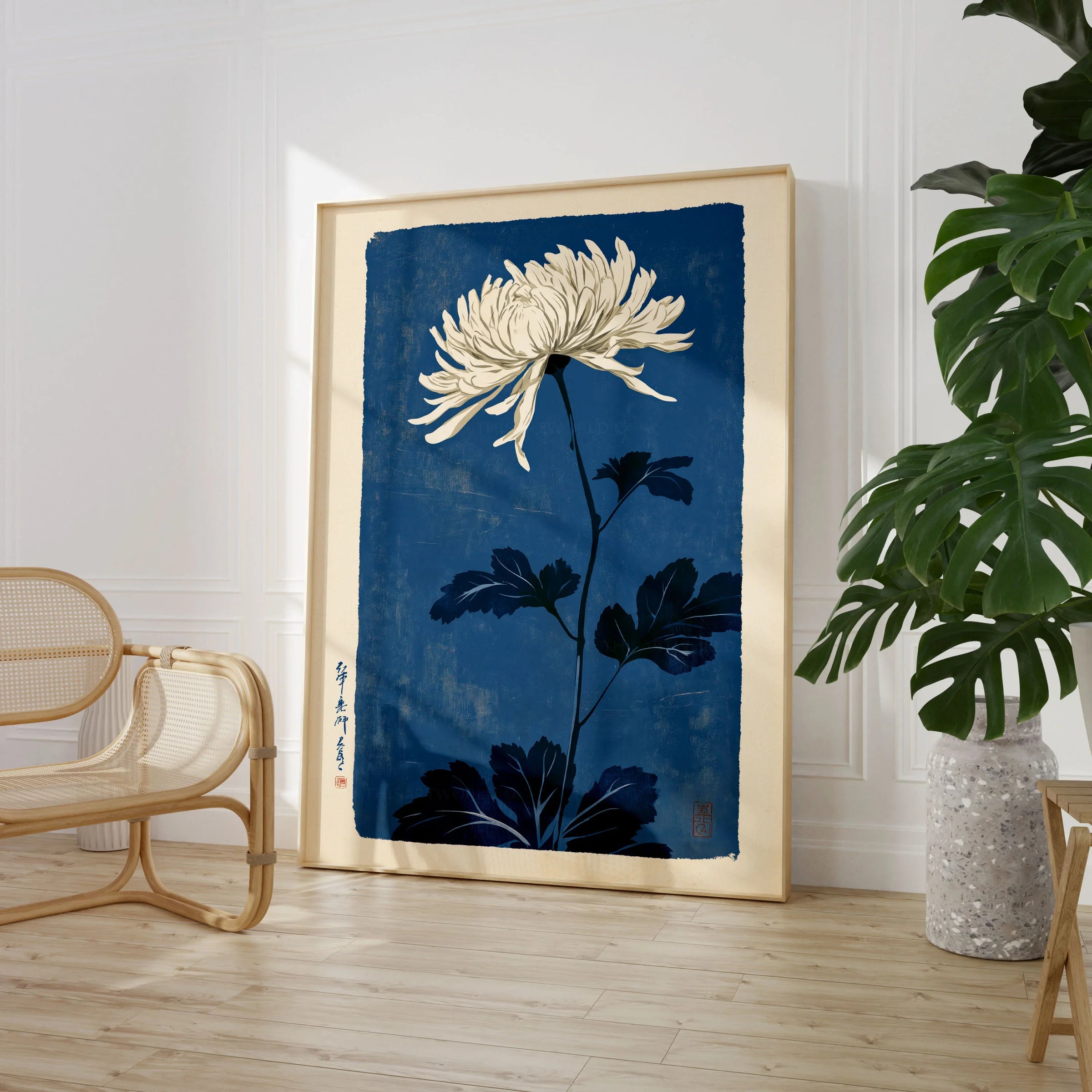 Chrysanthemum Art Print – Blue Japanese Botanical Wall Art — large framed print room setting chair plant