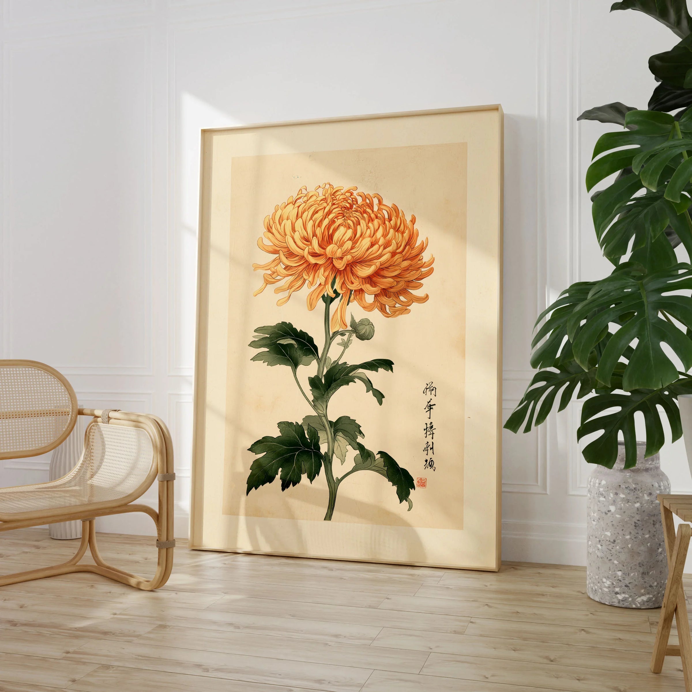 Orange Chrysanthemum Art Print – Vintage Japanese Wall Art — large framed print room setting chair plant