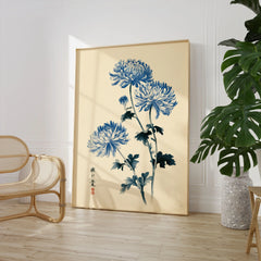 Blue Chrysanthemum Art Print – Japanese Botanical Wall Art — large framed print room setting chair plant