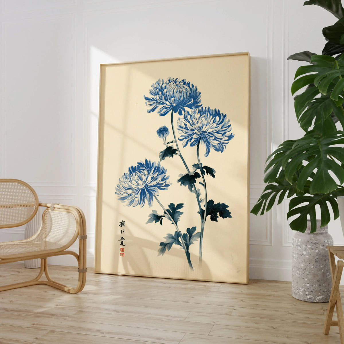 Blue Chrysanthemum Art Print – Japanese Botanical Wall Art — large framed print room setting chair plant