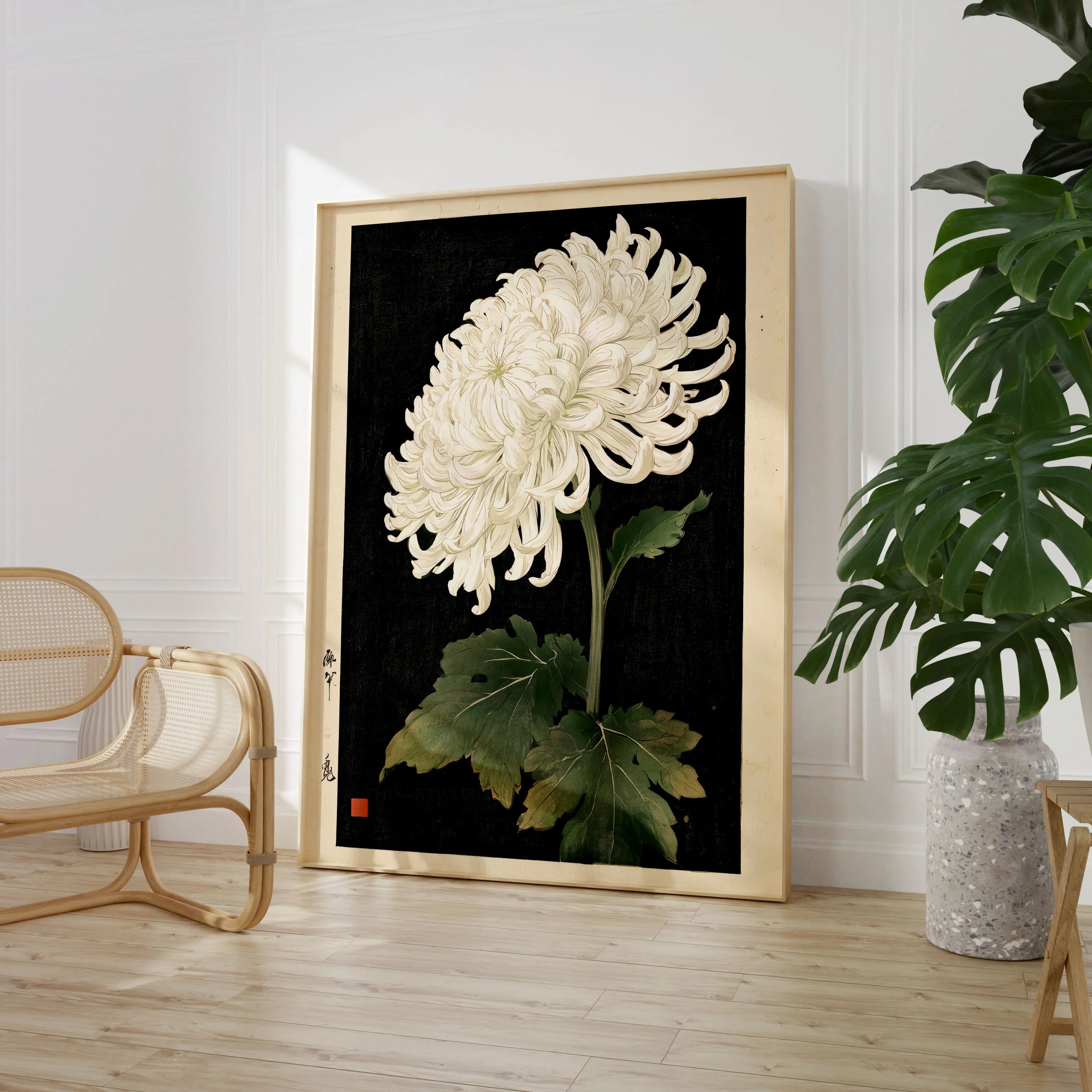White Chrysanthemum Wall Art – Black Japanese Botanical Print — large framed print room setting chair plant