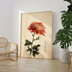 Red Chrysanthemum Art Print – Vintage Japanese Flower Wall Art — large framed print room setting chair plant