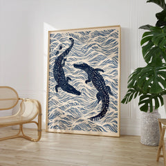 Crocodile Art Print – Blue Japanese Woodblock Wall Art — large framed print room setting chair plant